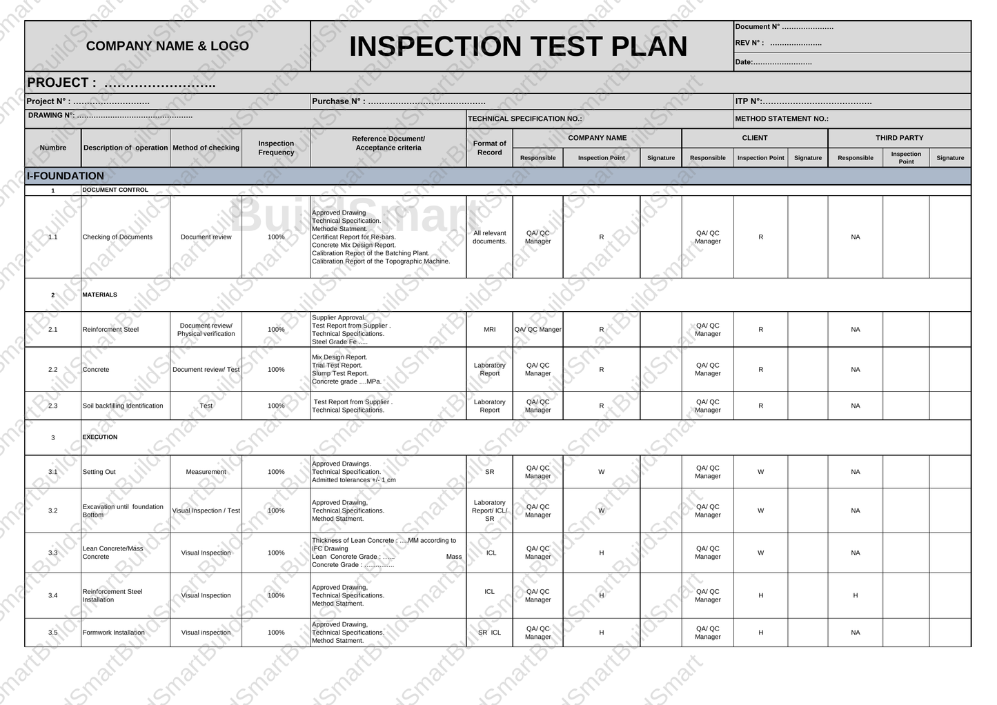 Construction Inspection & Test Plan (ITP) Template – Editable Excel Format Available for download | Price: $1.99
