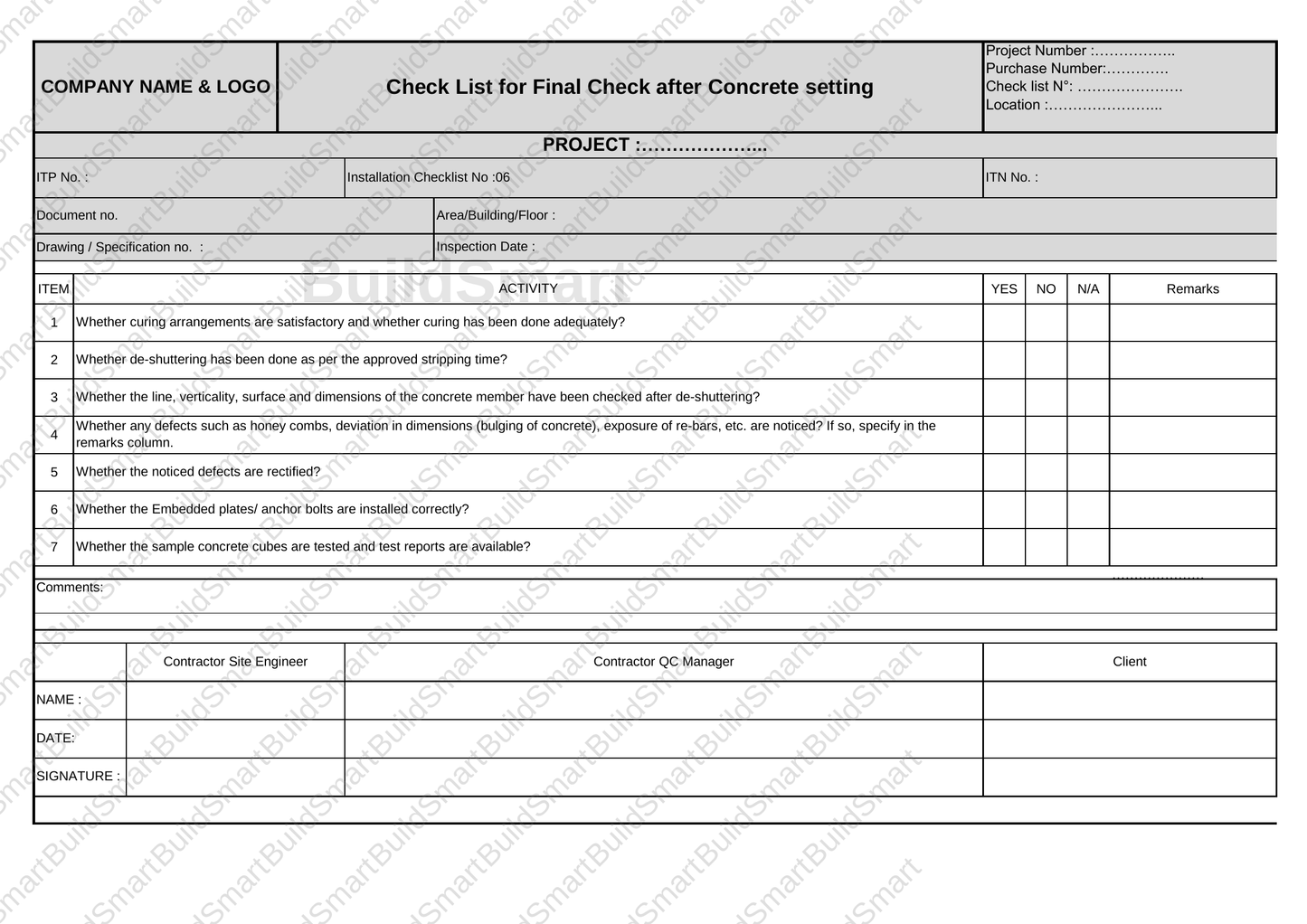 Construction Inspection & Test Plan (ITP) Template – Editable Excel Format Available for download | Price: $1.99