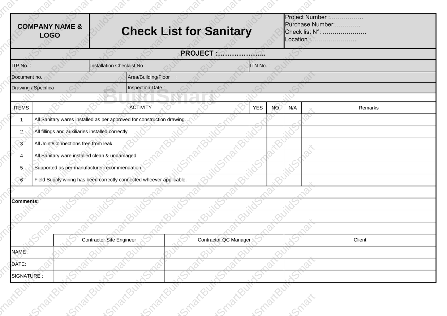Construction Inspection & Test Plan (ITP) Template – Editable Excel Format Available for download | Price: $1.99