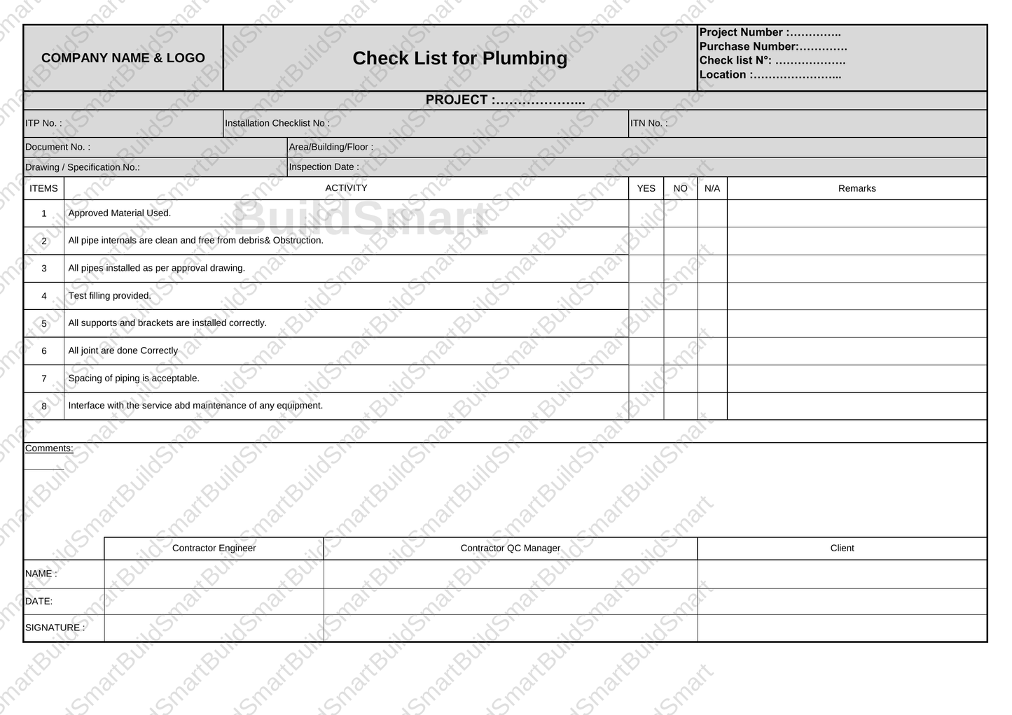 Construction Inspection & Test Plan (ITP) Template – Editable Excel Format Available for download | Price: $1.99