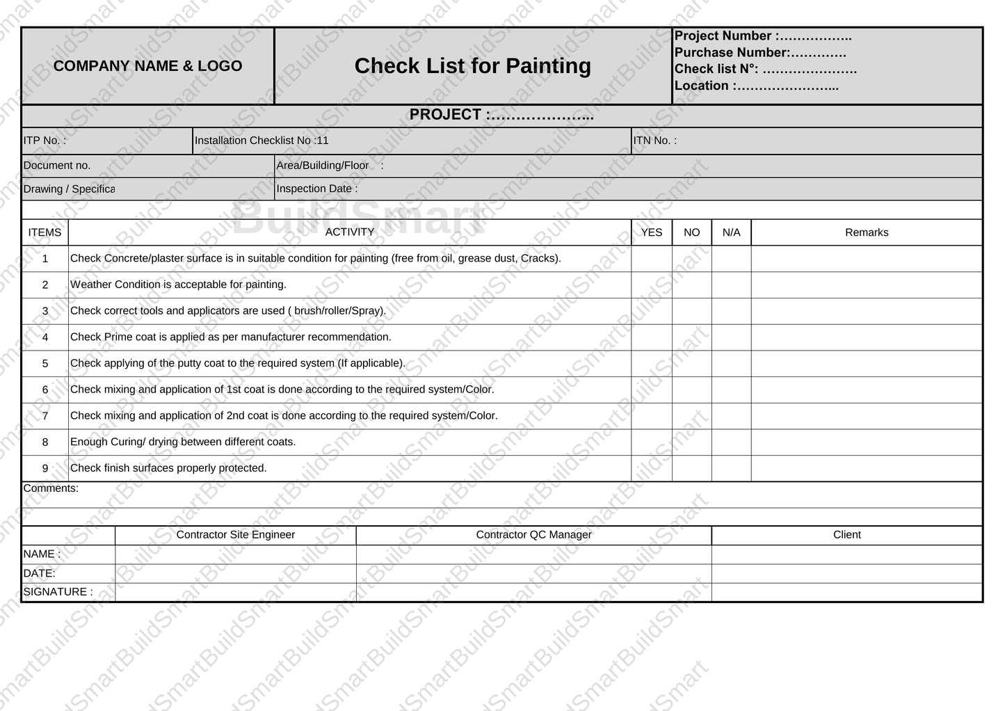 Construction Inspection & Test Plan (ITP) Template – Editable Excel Format Available for download | Price: $1.99
