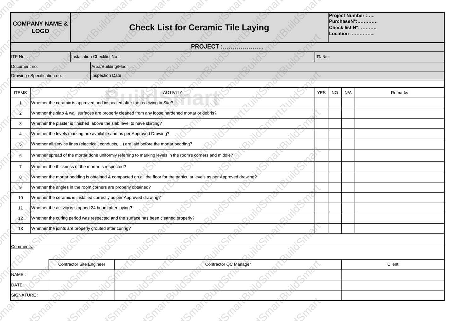Construction Inspection & Test Plan (ITP) Template – Editable Excel Format Available for download | Price: $1.99
