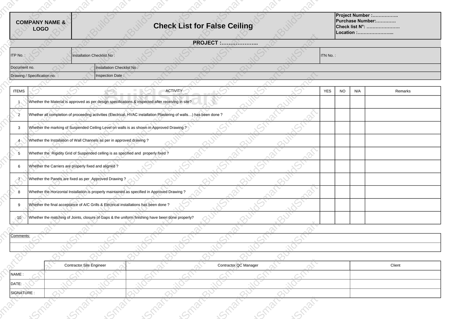 Construction Inspection & Test Plan (ITP) Template – Editable Excel Format Available for download | Price: $1.99