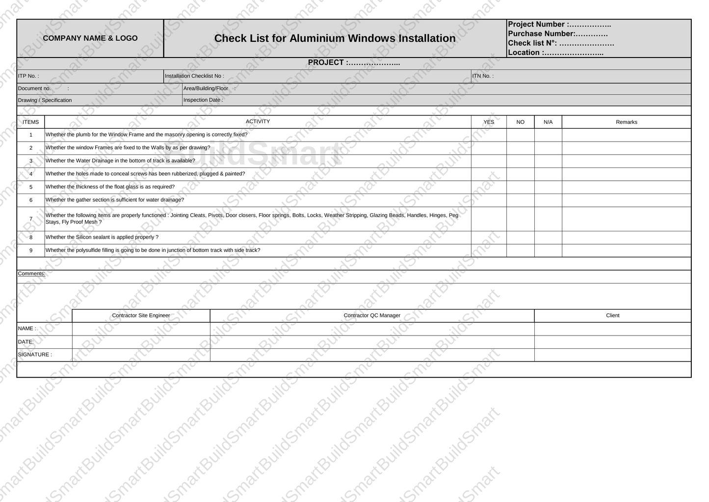 Construction Inspection & Test Plan (ITP) Template – Editable Excel Format Available for download | Price: $1.99