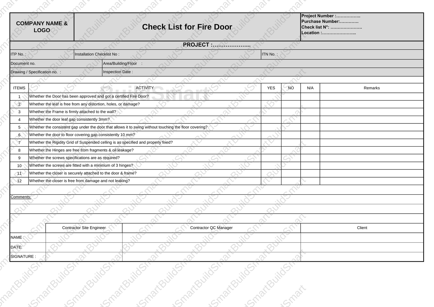 Construction Inspection & Test Plan (ITP) Template – Editable Excel Format Available for download | Price: $1.99