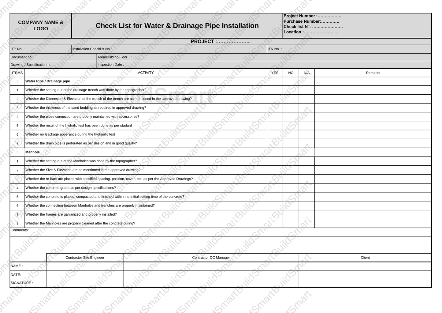 Construction Inspection & Test Plan (ITP) Template – Editable Excel Format Available for download | Price: $1.99