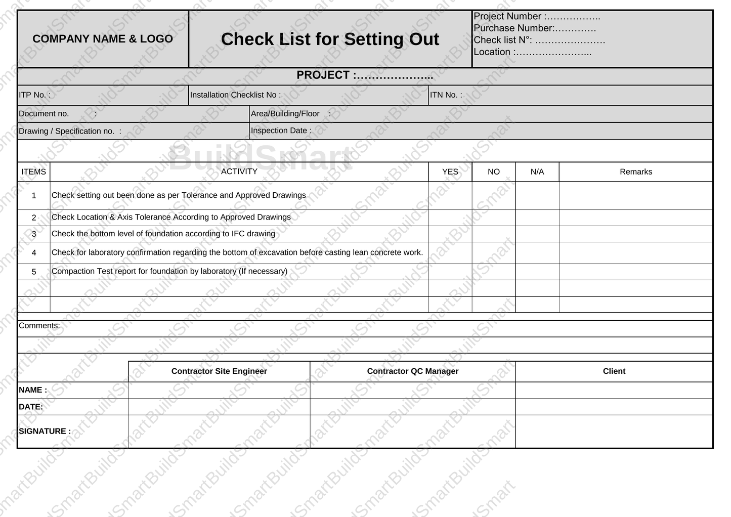 Construction Inspection & Test Plan (ITP) Template – Editable Excel Format Available for download | Price: $1.99