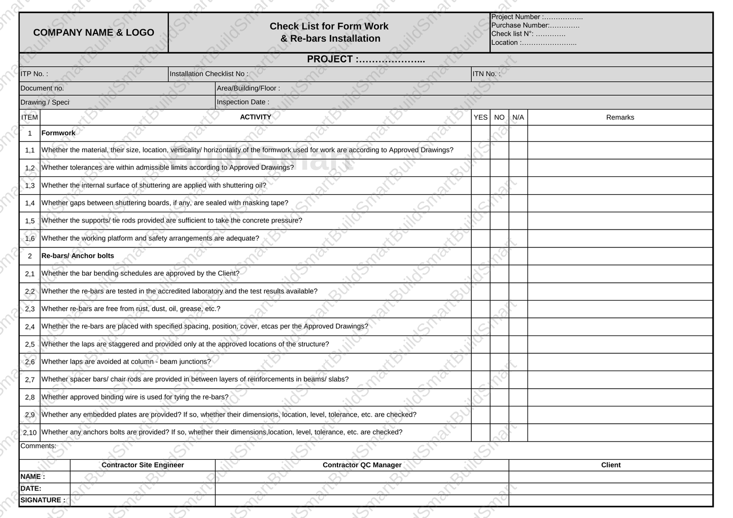 Construction Inspection & Test Plan (ITP) Template – Editable Excel Format Available for download | Price: $1.99