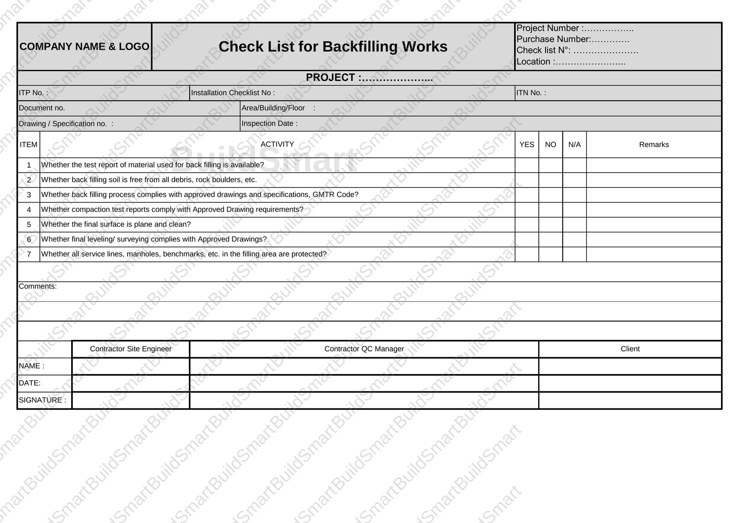 Construction Inspection & Test Plan (ITP) Template – Editable Excel Format   Available for download | Price: $1.99