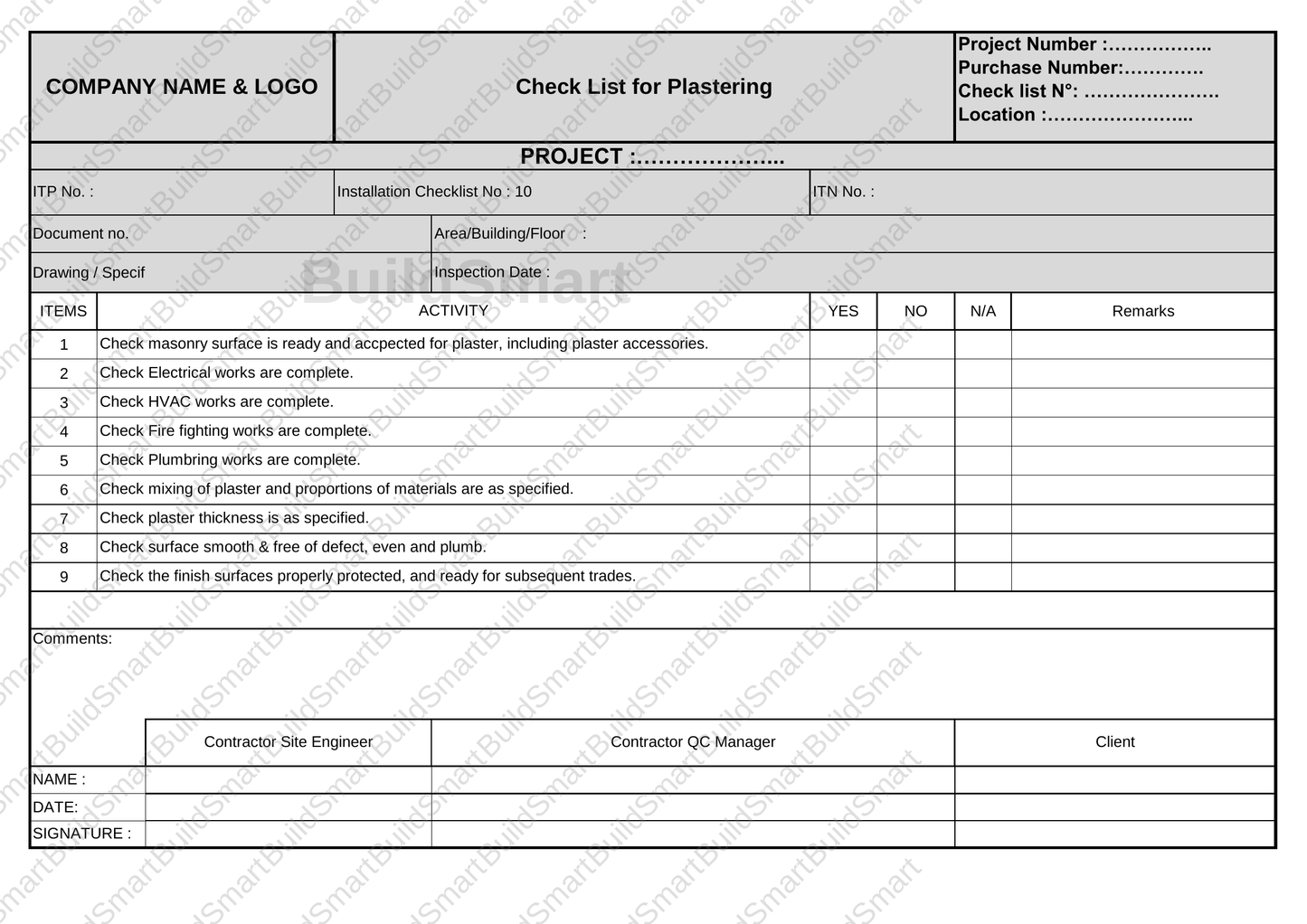 Construction Inspection & Test Plan (ITP) Template – Editable Excel Format   Available for download | Price: $1.99