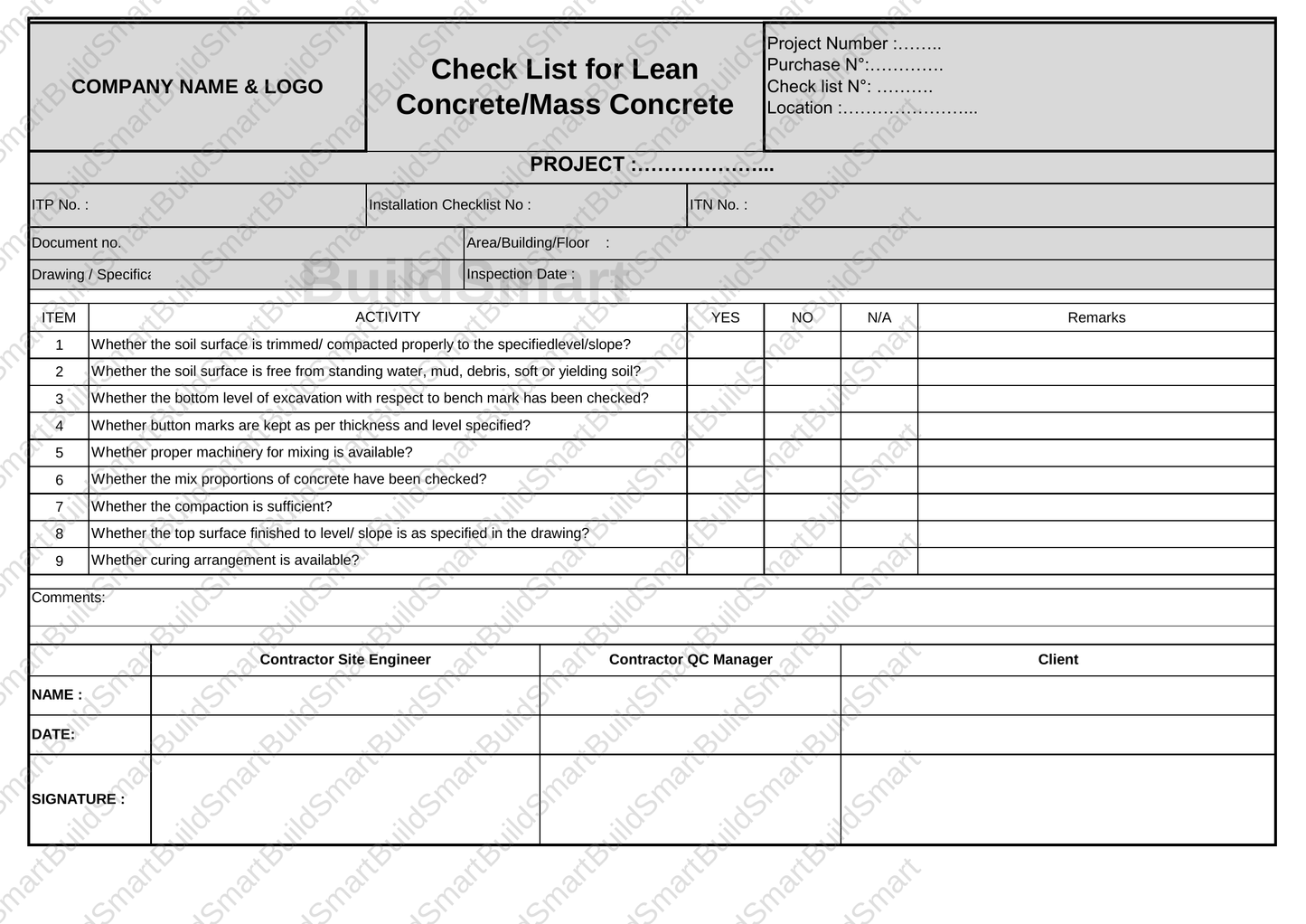 Construction Inspection & Test Plan (ITP) Template – Editable Excel Format   Available for download | Price: $1.99
