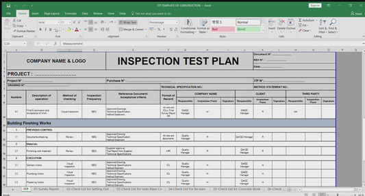 Construction Inspection & Test Plan (ITP) Template – Editable Excel Format   Available for download | Price: $1.99